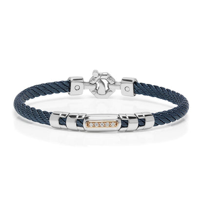 A stainless steel bracelet with blue PVD coating, featuring rose gold and white diamonds, with a clasp adorned with a white diamond.