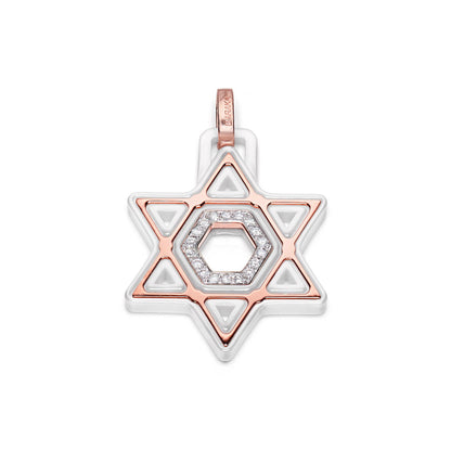 White ceramic pendant with a star of david design, encrusted with rose gold and white diamonds.
